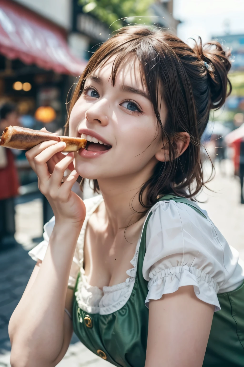 realistic, cinematic, photogenic, Oktoberfest, in an urban area, a very lively crowd around, festive atmosphere, under the sunshine, crouching down, shot from directly above, ultra close-up, looking up at me from below, upturned eyes, eating a sausage with holding it, open mouth wide and stuff the sausage into mouth, big smile, laughing out loud, wearing dirndl dresses, bright brown hair, pompadour hairstyle, twisted bangs, hair is blowing in the wind, hair is shaggy and dishevelled, a flushed face from drunkenness, a little sweaty, a tipsy expression, beautiful white translucent skin, slendar figure, a little exposed chest, heavy and vivid makeup, detailed rendering, cinematic lighting, vibrant colors, photorealistic, best quality, 8k, hyperdetailed