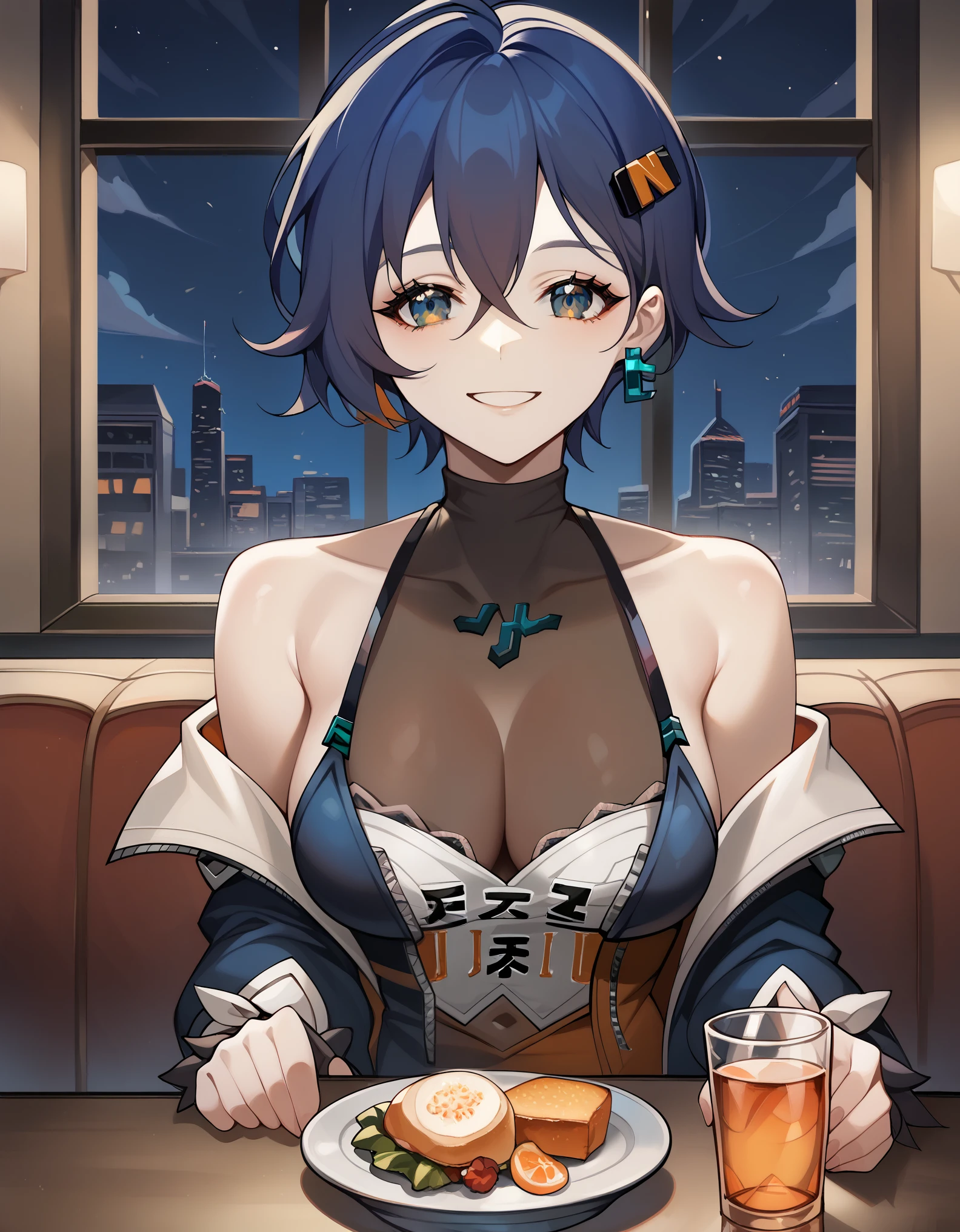 score_9, score_8_up, score_7_up, rating_safe, CONCEPT_PovDating_ownwaifu, solo,1girl, belle \(zenless zone zero\), medium breasts, looking at viewer, indoors, pov across table, sitting, upper body, chair, pov dating, Smile sweetly, night, restaurant, drinks, foods, dishes, luxurious dress, deep cleavage, bare shoulder