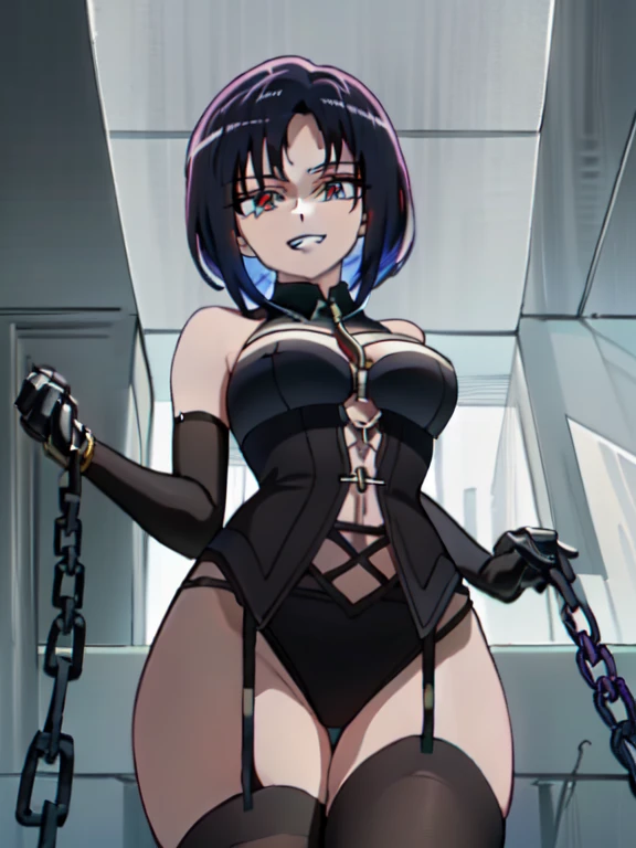 ((Best Quality)), ((masterpiece)), (detailed), prison, One person, femdom, dominatrix, looking at viewer, ((bare shoulders)), ((black bustier)), ((black stockings)), ((black g-string)), ((black high heels)), ((Black garter belt)), ((black elbow gloves)), ((evil grin)), from below, stare at viewer with stern eyes, ((((viewer on chained)))), ((pull leash)),