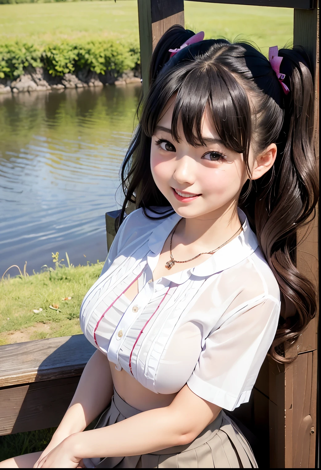 (Highest quality,masterpiece:1.3,Ultra-high resolution),(Very detailed、Caustics) (Realistic:1.4, RAW shooting、)Ultra-Realistic Capture、Very detailed、Natural skin texture、masterpiece、(A Japanese  wearing a blouse and pleated skirt:1.3)、Adorable expression、Expressions of happiness、、height: 140cm、Baby Face、Pure girl、Amute、Twin ttyle、Curly Hair、ribbon、Black Hair、Large Breasts、Shining thighs、Shining ass、necklace、Shade by the lake、Background details、smile、An inviting gaze、(Anatomically correct)、Cowboy Shot、Attention to detail、Breast lift