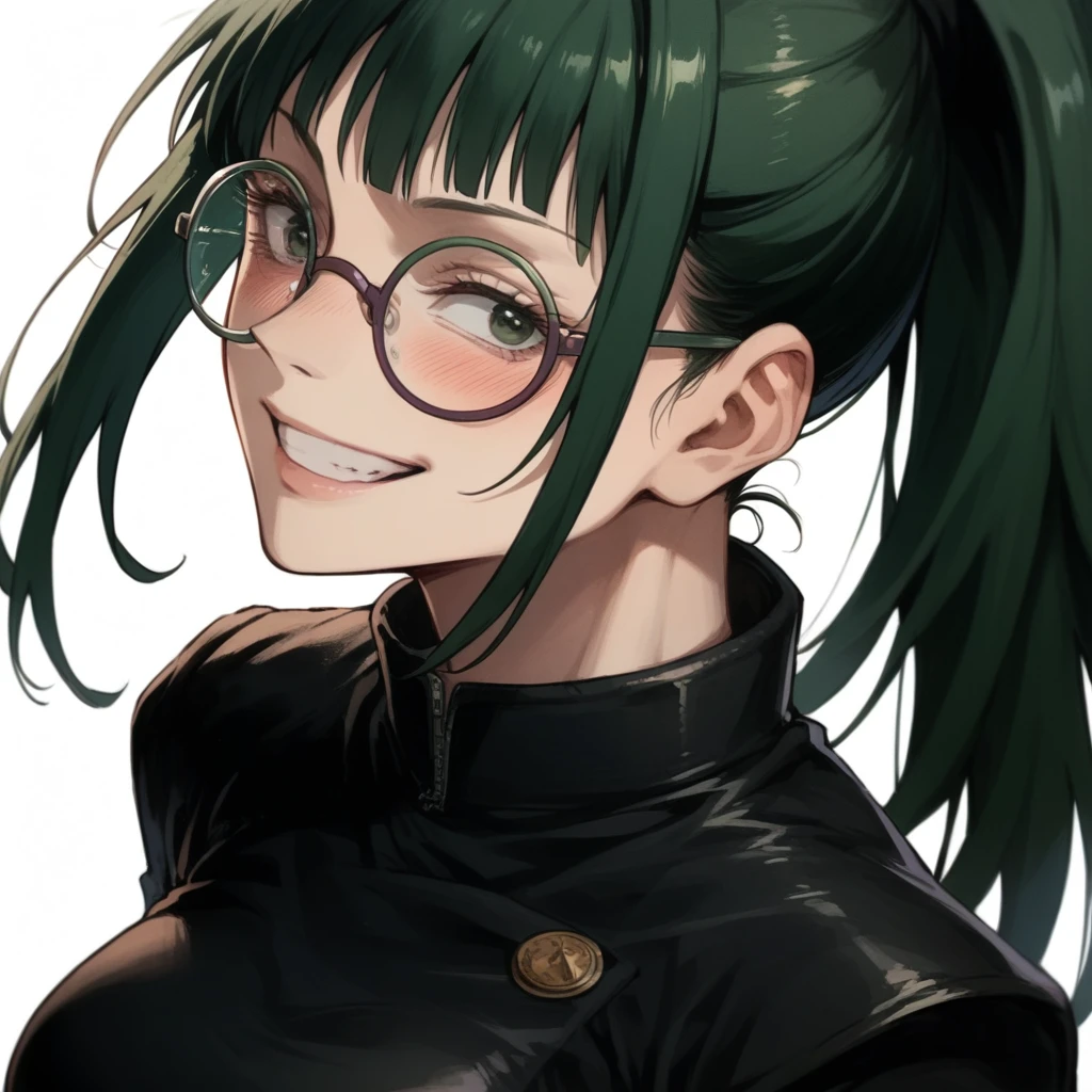 Maki Zenin shibuya arc, dark green hair, hair tied in a ponytail, wearing tight black top, very short jean shorts, ultra detailed green eyes, smiling and blushing expression, white background, wearing round frame glasses