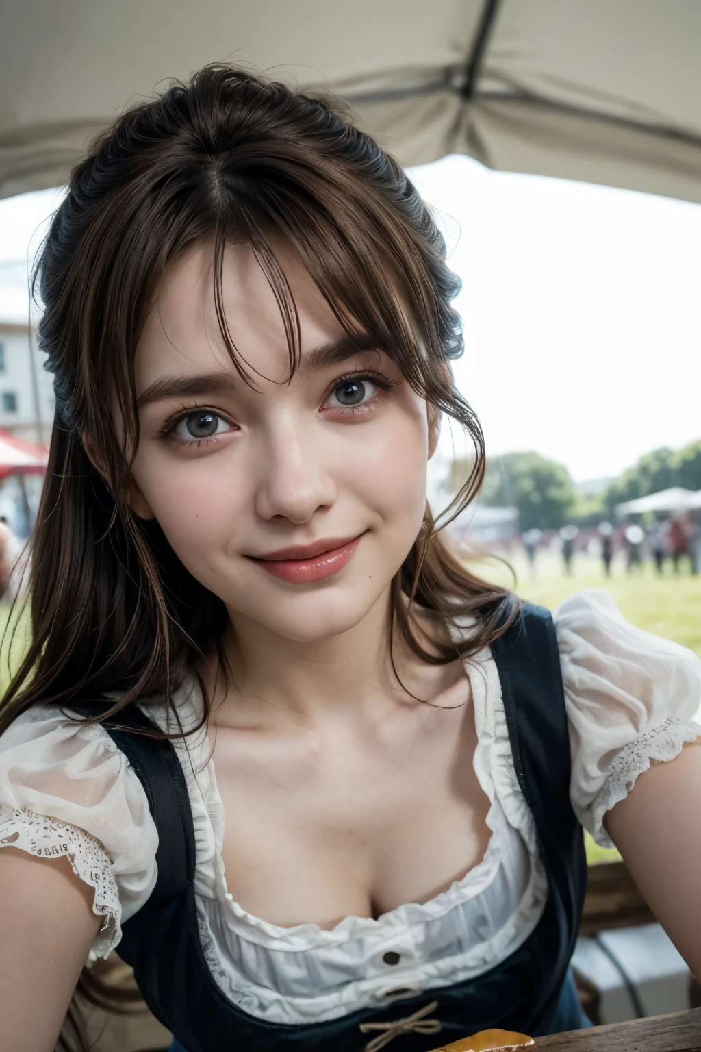 realistic, cinematic, photogenic, Oktoberfest, in an urban area, a very lively crowd around, festive atmosphere, see some tent beyond, under the sunshine, crouching down, shot from directly above, ultra close-up, looking up at me from below, upturned eyes, eating pretzels and sausages, drinking beer, big smile, laughing out loud, wearing dirndl dresses, bright brown hair, pompadour hairstyle, twisted bangs, hair is blowing in the wind, hair is shaggy and dishevelled, a flushed face from drunkenness, a little sweaty, a tipsy expression, beautiful white translucent skin, slendar figure, a little exposed chest, heavy and vivid makeup, detailed rendering, cinematic lighting, vibrant colors, photorealistic, best quality, 8k, hyperdetailed