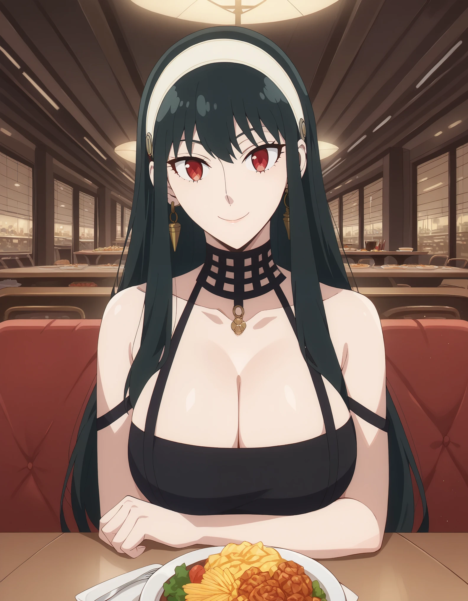 score_9, score_8_up, score_7_up, rating_safe, CONCEPT_PovDating_ownwaifu, solo,1girl,yor briar, black hair, red eyes, earrings, white hairband, hairband, long hair, sidelocks, large breasts, looking at viewer, indoors, pov across table, sitting, upper body, chair, pov dating, Smile sweetly, night, restaurant, drinks, foods, dishes, luxurious dress, deep cleavage, bare shoulder