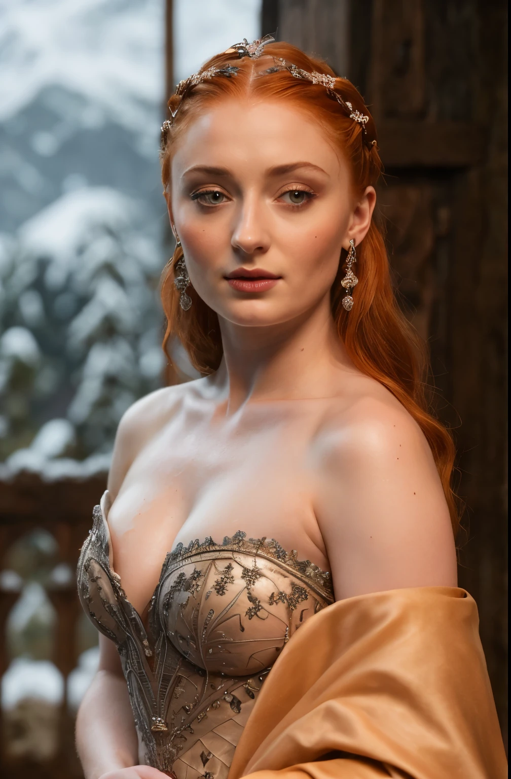 a beautiful young woman (Sophie Turner, age 25), wearing an airy sheer Christmas night gown (shoulders exposed, deeply plunging neckline) , nude except for night gown, her intimate areas partially exposed and very detailed, playing with a long hair kitten by an old-fashioned fireplace with a roaring fire, Christmas scene (best quality, 4k, 8k, highres, masterpiece:1.2), ultra-detailed, (realistic, photorealistic, photo-realistic:1.37), HDR, UHD, studio lighting, ultra-fine painting, sharp focus, physically-based rendering, extreme detail description, professional, vivid colors, bokeh, portrait, figurative, intimate, sensual, cozy, Christmas, warm lighting, chiaroscuro (show her entire body, show all of her)