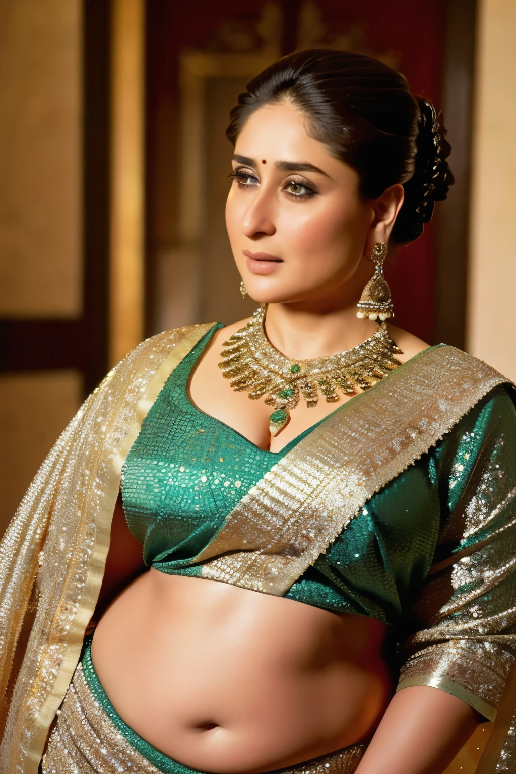 (masterpiece, solo, 1girl), high definition, highly detailed, ntg kareena kapoor, saree, looking at viewer, expressionless, full body, very fat, Large breasts, 