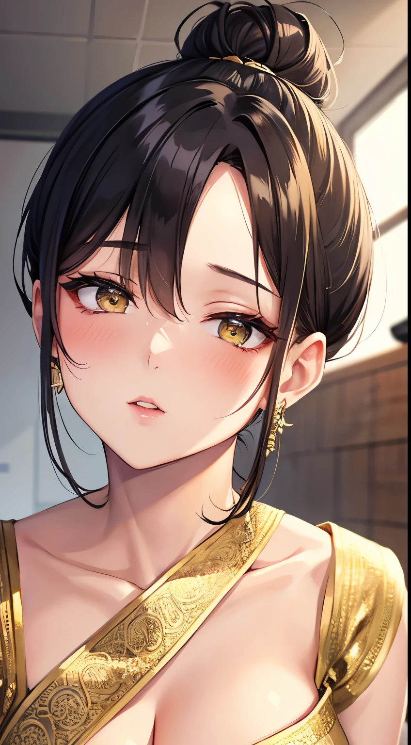 1 girl, solo, smiles, shortcut,  Gold, accessories, earrings, wolf ears, Yellow