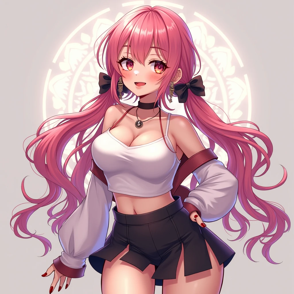 best quality, illustration, expressive eyes, perfect face, (masterpiece), best quality, perfect face, 1girl, solo, (big nipples:0.8), medium breast, ((long hair)), ((wavy hair)), ((blant bangs)), (pink hair), ((black eyes)), smile, onsen, sweaty, blue sky, pigtails , hips