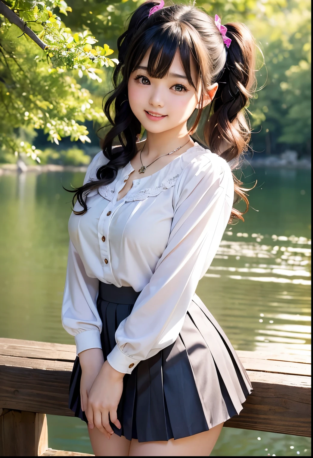 (Highest quality,masterpiece:1.3,Ultra-high resolution),(Very detailed、Caustics) (Realistic:1.4, RAW shooting、)Ultra-Realistic Capture、Very detailed、Natural skin texture、masterpiece、(A Japanese  wearing a blouse and pleated skirt:1.3)、Adorable expression、Expressions of happiness、、height: 140cm、Baby Face、Pure girl、Amute、Twin ttyle、Curly Hair、ribbon、Black Hair、Large Breasts、Shining thighs、Shining ass、necklace、Shade by the lake、Background details、smile、An inviting gaze、(Anatomically correct)、Cowboy Shot、Attention to detail、Breast lift