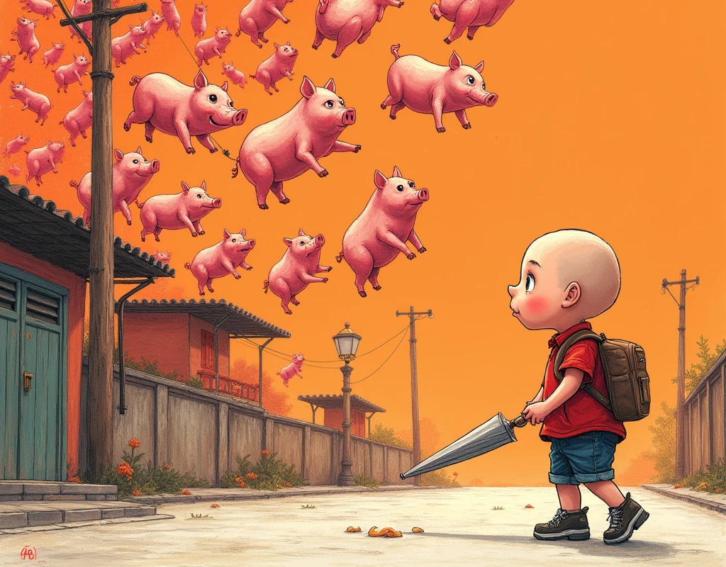 (masterpiece, Best Quality, Anatomically correct), A lot of pigs are falling from the sky, A simple pig with thick lines, Crayon drawing, Shaved Head Boy, Holding an umbrella and carrying a school bag, Surprised, Drawing thick and simple lines, A boy is walking through a simply drawn street with an umbrella, Orange background