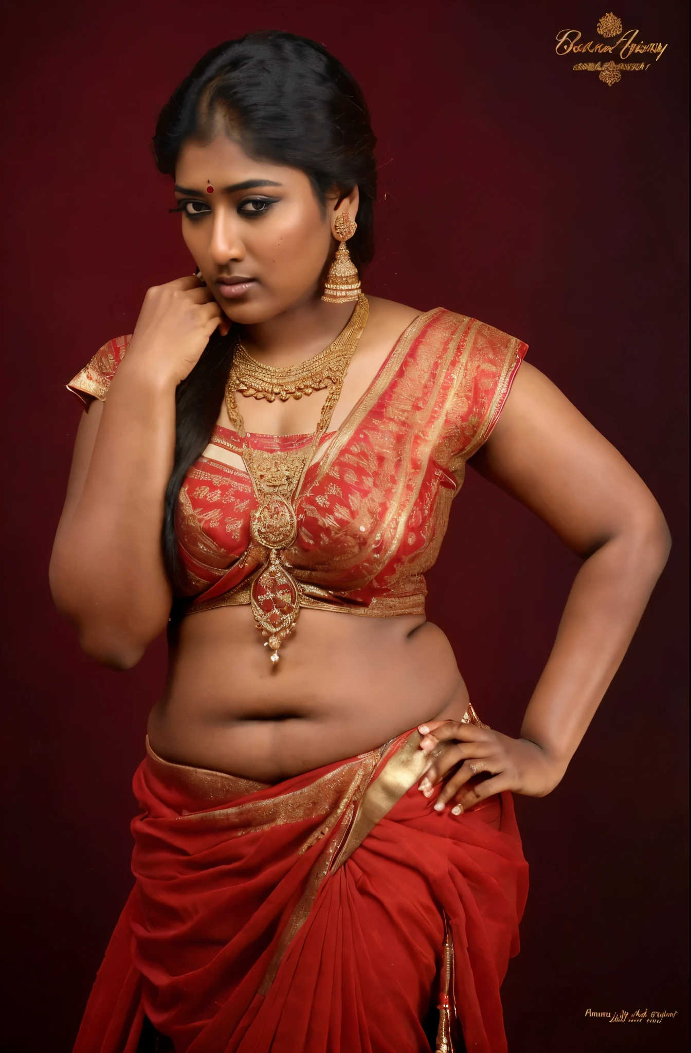Looks like Nayanthara, thick figure, bulky figure, fleshy figure, black lips, masterpiece Portrait, Indian ethnic jewellery, (aesthetic), alluring figure, sexy navel folds, beautiful hypnotizing gazing eyes, Full figured woman, heavy figure, attractive, gorgeous, stunning beauty, milf, 5 Woman, mommy figure, maami, Amma, desi mature aunty, attractive body, araffe woman in a gold sari posing for a portrait, chocolate skin, skin pores, sweat, incredible skin texture, wearing gold jewellery, photo of a hand jewellery model, premium ethnic jewellery, sexy woman with dark complexion, indian girl with brown skin, chocolate beauty, beautifully styled hair, traditional beauty, wearing elegant jewellery, traditional makeup, with small studded earings, indian goddess, indian, intricate thin details in gold, gold jewellery, modeling shoot, 7 0 mm portrait, dramatic lighting, cinematic colour grading, (aesthetic), erotic fantasy, aesthetic, sensual desire, insane skin texture details, high level colour grading, provoking sense of desire, Indian aesthetics, 