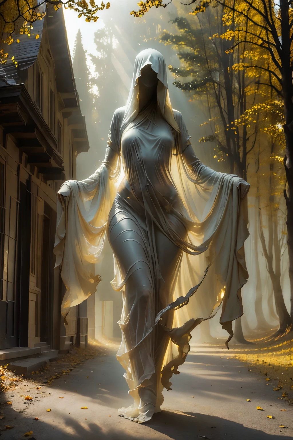 score_9, score_8_up, score_7_up, semi-realistic photo, masterpiece, UHD, 16k, high detailed photo, an old abandoned house, autumn foggy morning, the paths are covered with yellowed leaves, a gloomy morning, (a tall graceful figure of a ghost of a girl hovers over the mound of an grasse in a light transparent cloud, dressed in a long, ankle-length and tight ephemeral gray transparent shroud, emphasizing wide hips, narrow waist, large and neat chest), head hidden by a hood, camel toe, nipples trough clothes, face, the rays of the sun penetrate through the figure, foggy, face