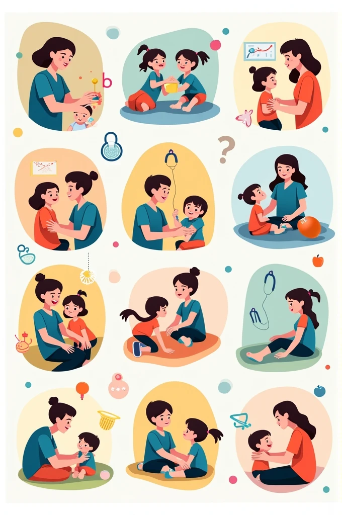 I want an image that portrays the following scenes with a teacher and her student: 1. The teacher takes the arm of student 2. The teacher kneels behind the boy. 3. A hand in the shape of a fist, with thumb inward, just above the navel 4. The teacher places her fist in the center of the child's abdomen.. 5. With the other hand of the teacher, Grab your fist to make sure you can apply enough force in compression. 6. The teacher applies compression with rapid, upward pressure., using short, sharp movements. 7. A clock that shows the passage of time 8. A crying child and food at the same time. 9. If the child expels the object and breathes well 10. Call emergency services during this process There are 10 boxes in total with the Modern and Vector animation style, with smooth, clean lines, and vibrant colors. Cartoonish but realistic. Color: Using a palette of bright and contrasting colors that are pleasant and eye-catching. FORMAT: Illustrations arranged in a book or manual style. This illustration is intended for a guidance and training manual, so it must be clear, accessible and visually appealing."