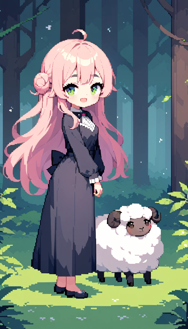 masterpieceBest Quality8k, Pixel Art, Pixel Art, Vivid, ((One girl)), Young woman, smile, cute, bend diagonally, Open your mouth, Fluffyの髪, Fluffy, Long Hair, Sheep-like hair, Pink Hair, eyebrow, 太いeyebrow, Black dress,  (Best Quality:1.0), In the dark forest, Black Sheepが側にいる, Black Sheep, Fluffyの羊