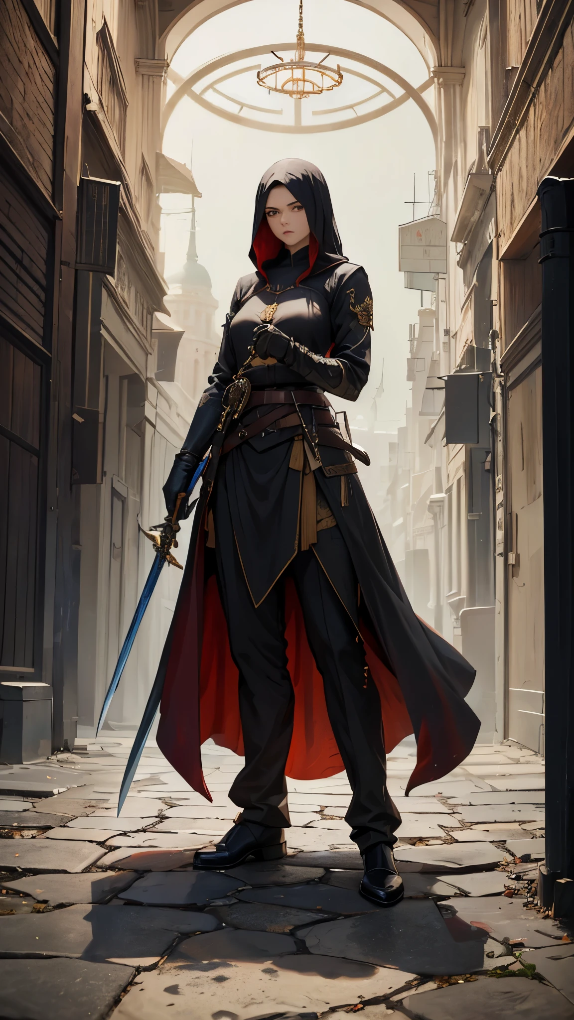 (masterpiece, 4K ,Super detailed:1.2), (anime:1), (Perfect quality), (((Adult body))), ((Combat Ready)), The whole body is shown, JRG Character, Medieval Fantasy, Female Swordsman, Looking at the viewer, Aggressive Posture, rpg, Glare, Hostilities, Holding a sword, Maid, Maid衣装, Maidコスチューム, assassin, Shortcuts, impatience、fear, Draw your sword, Black Cape