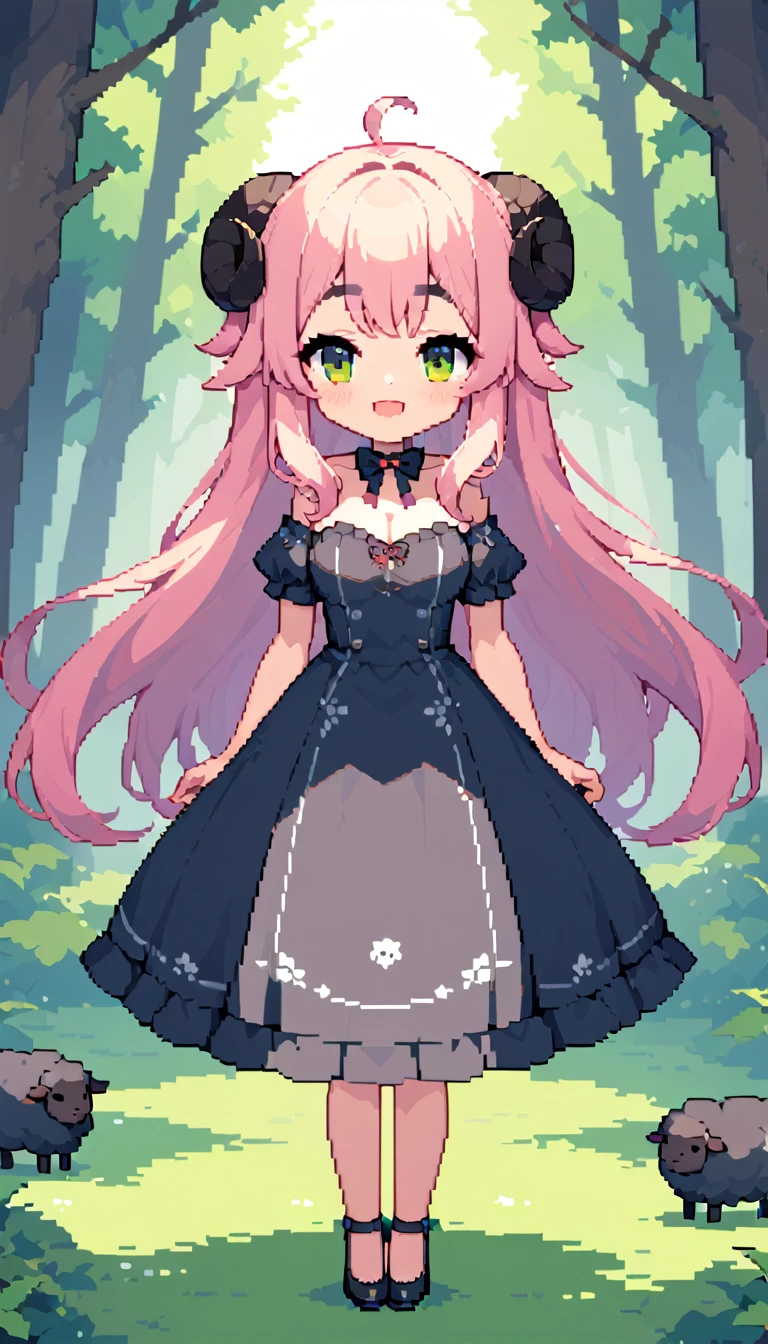 masterpieceBest Quality8k, Pixel Art, Pixel Art, Vivid, ((One girl)), Young woman, smile, cute, bend diagonally, Open your mouth, Fluffyの髪, Fluffy, Long Hair, Sheep-like hair, Pink Hair, eyebrow, 太いeyebrow, Black dress,  (Best Quality:1.0), In the dark forest, Black Sheepが側にいる, Black Sheep, Fluffyの羊