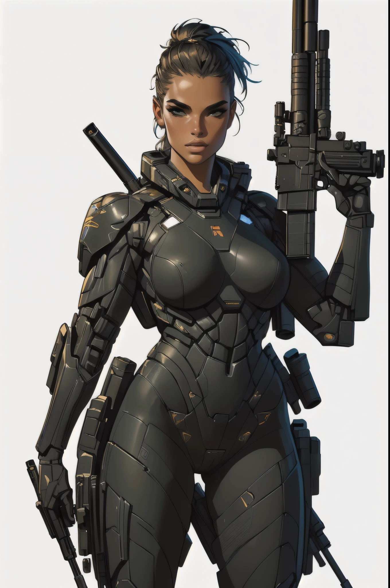 an attractive nude woman, she holds a big sci-fi rifle, small breasts, pubic hair, fully naked, nude, full body shot, heroic fantasy, highly detailed cinematic illustration, black outlining, full color illustration, vivid colors, white background, masterpiece, 8k, ultra-detailed, physically-based rendering, photorealistic