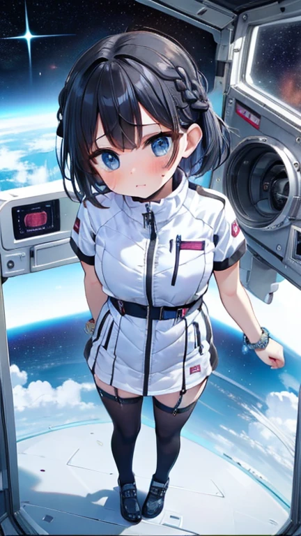 (Best Quality), (masterpiece), 1080P, High resolution, 4K, 8k, Inside the space station、Futuristic room、Thigh straps, Shooting from directly below, The woman on top of me, 白いsweat, Covered , sweat, Woman looking down, Skirt swimsuit, Thigh-high socks, To achieve this, , , whole body, Black leather shoes, Braided Hair, Inner Color, Embarrassed face, Short black hair, bracelet, bedroom,astrovest
