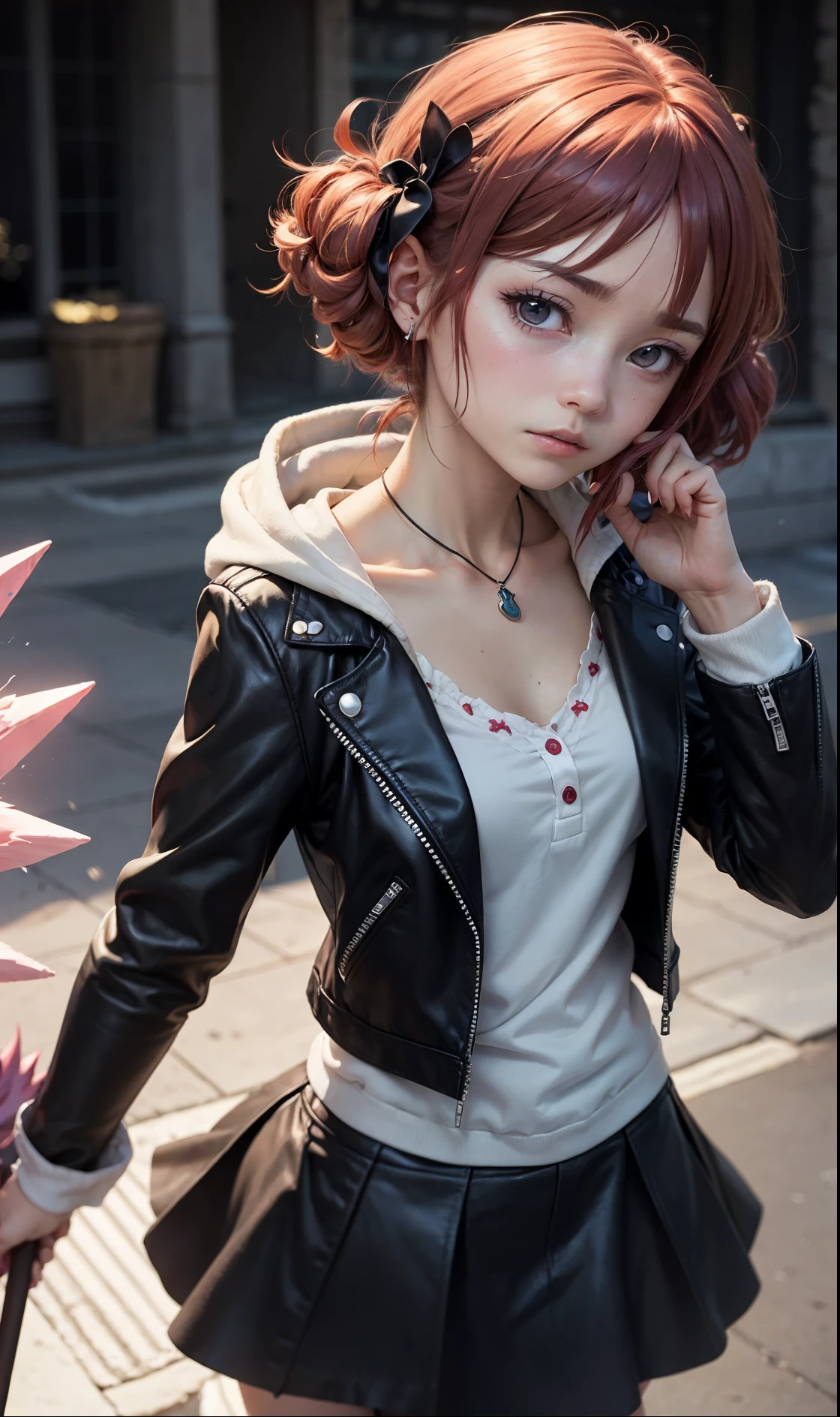 ((masterpiece)), (realistic),(3d face),illustrations,solo,(original),(very detailed wallpaper),photographic reality, very detailed illustrations, (super-complex detail),(delicate face) , perfect detail features,perfect detail,(super complex details), (best lighting),(upper body),1girl,(matrue women:1.2),mid shot,(Punk Fashion), (Earphones), (Modern), (Vibrant), (Disgusted Expression), (Pink and Purple Ombre Hair),(glowing tattoo:1.1), (Sassy), (Sneering), (Confident), (Sleeveless Top), (Black Leather Jacket), (High-Waisted Shorts), (Fishnet Tights), (Combat Boots), (Skull and Crossbones Choker),(Dark Eye Makeup), (Bright Lipstick), (Graffiti Background), (Street Art), (Urban), (Digital Art), (2D Illustration),4K unified,octane rendering,atmospheric 8k ultra detailed,amazing,epic,vivid,Stunning art,dreamy,best shadow,(extremely detailed CG unity 8k wallpaper),Unreal Engine, amazing fine details and brush strokes, smooth, hd semirealistic anime cg concept art digital painting,cg painting,(photorealistic),