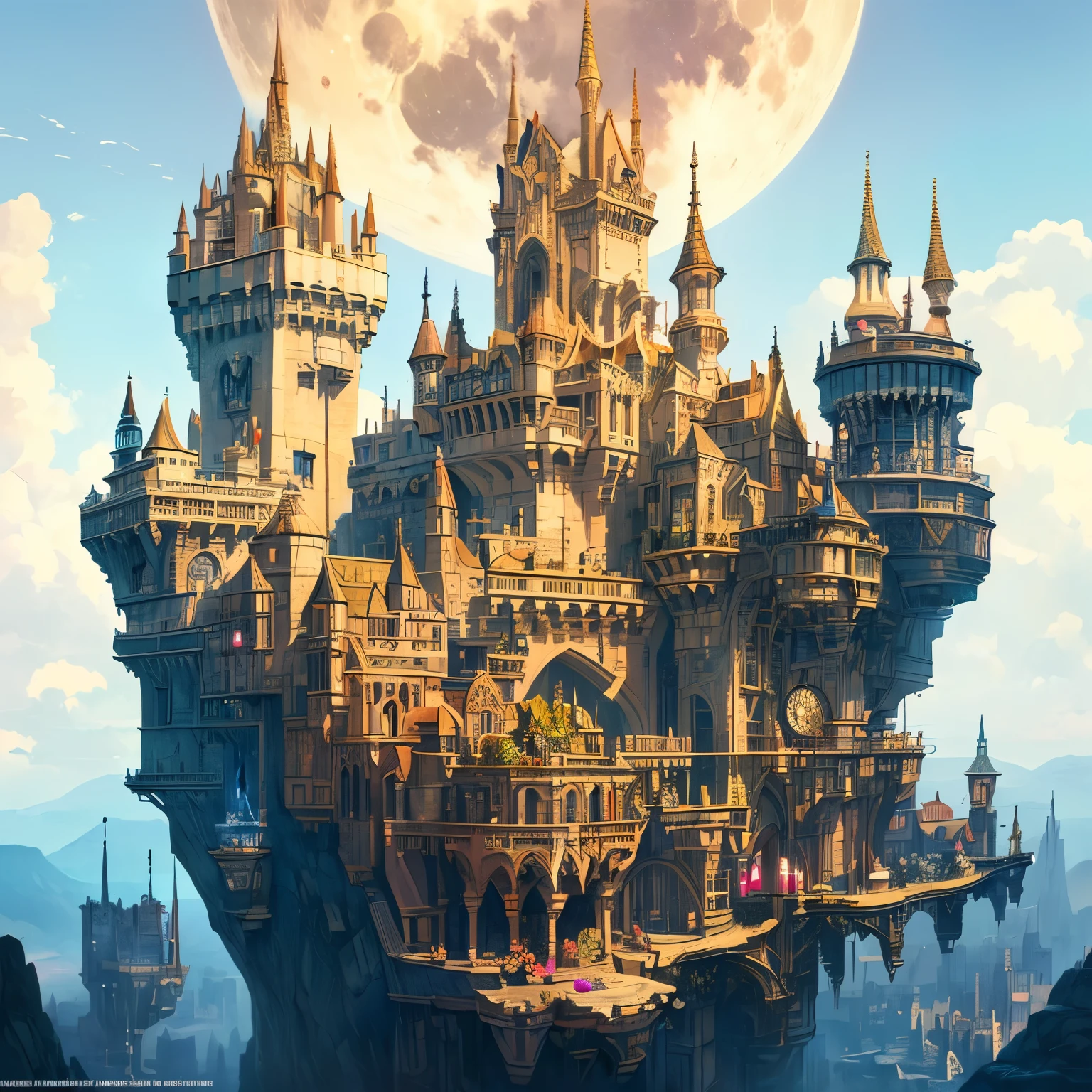 (white background,Leave blank all around,Howl's Moving Castle:1.35),(Intricate steampunk castle in the sky,the castle castle suspended in the air, Aerial view, Concept art, sky,cloud,fullmoon,giant sun,Day and night alternate,with the sun and moon in the same sky:1.45),trippy gorgeous surreal composition popart of a wonderous enchanting Victorian Atompunk Steampunk Candyland fantasy world on LSD, magnificent towering castle,psychedelic colorful,flowers,Candyland, busy, detailed, psychedelic art design style,