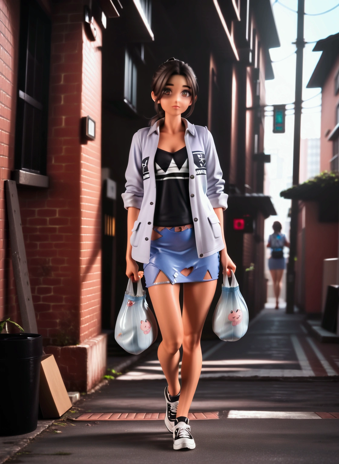 score_9, score_8_up, score_7_up, score_6_up, young woman, is holding plastic bag, walking along alley, white chair beside her, she has black long hair (+forehead, ponytail), wearing white long sleeves jacket (+rolled up sleeves jacket, open jacket), black t-shirt, light-blue denim pencil skirt, white sneakers, crossbody bag, BREAK, (1girl, solo, full body), (best quality,4k,8k,highres,masterpiece:1.2),ultra-detailed,(realistic,photo-realistic:1.37),extremely detailed eyes and face,longeyelashes,beautiful detailed lips,beautiful detailed eyes,cinematic lighting,moody lighting,dramatic shadows,vibrant colors