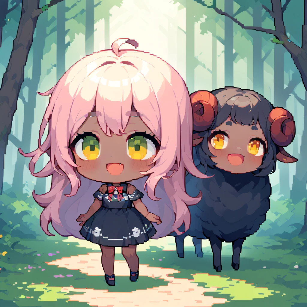 masterpieceBest Quality8k, Pixel Art, Pixel Art, Vivid, ((One girl)), Young woman, smile, cute, bend diagonally, Open your mouth, Fluffyの髪, Fluffy, Long Hair, Sheep-like hair, Pink Hair, eyebrow, 太いeyebrow, Black dress,  (Best Quality:1.0), In the dark forest, Black Sheepが側にいる:1.3, Black Sheep, Fluffyの羊 , Horror, Dark Skinの女の子, Dark Skin, devil