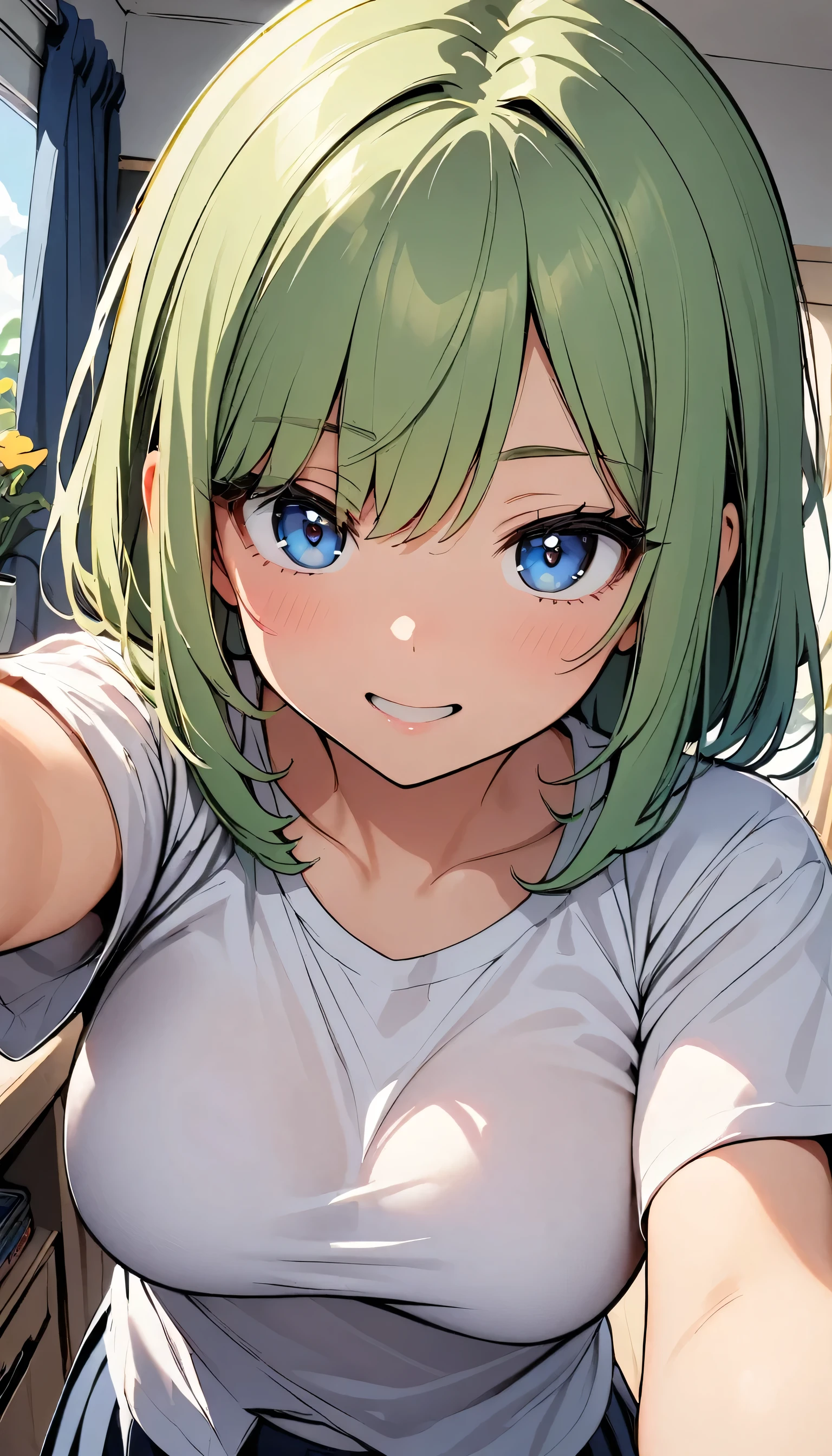 (((Highest quality,High resolution,Pixel perfect,Noise Reduction,Beautiful Anime,Smooth Skin,Glowing Skin,Soft Skin,Detailed face,1people,No text,No dialogue,No sound effects,No manga))),(((Sinon,Green Hair,,short hair,Green Eyes,Hairpin in the center of the bangs))),(((White super micro bikini,White knee-high socks,))),((Looking at the camera,From above,Face close up white bedroom,front,Put your arms behind your head to expose your armpits,squat,Squat,Sucking penis,Blowjob))