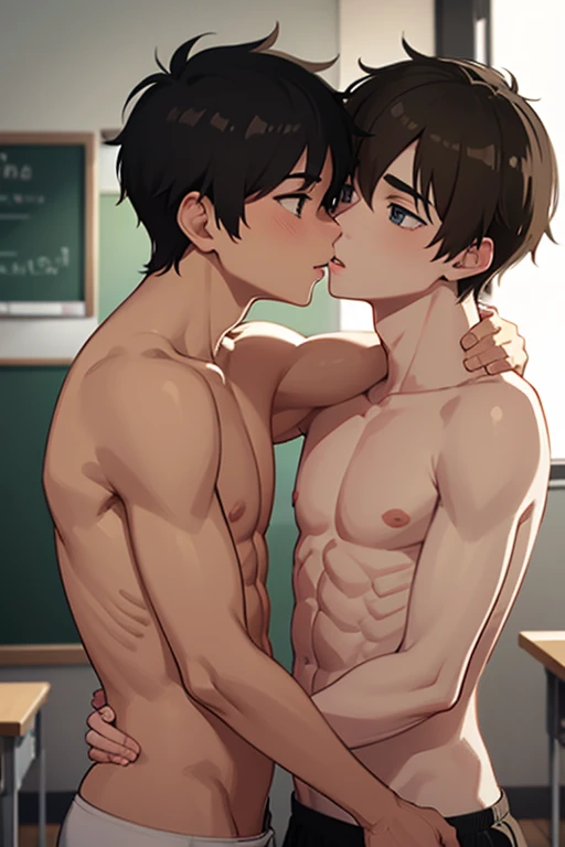 two shirtless boys kissing in classroom