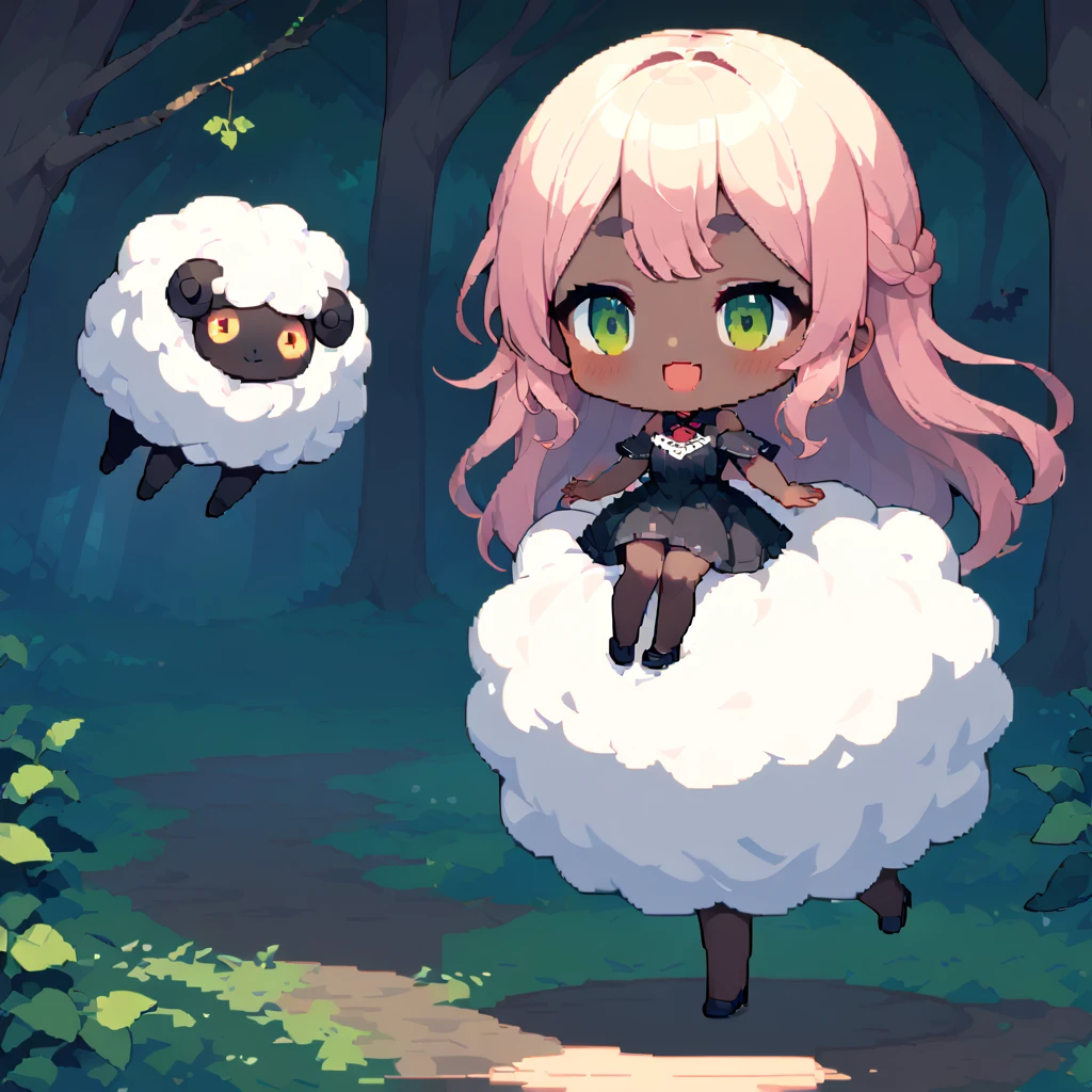 masterpieceBest Quality8k, Pixel Art, Pixel Art, Vivid, ((One girl)), Young woman, smile, cute, bend diagonally, Open your mouth, Fluffyの髪, Fluffy, Long Hair, Sheep-like hair, Pink Hair, eyebrow, 太いeyebrow, Black dress,  (Best Quality:1.0), In the dark forest, Black Sheepが側にいる:1.3, Black Sheep, Fluffyの羊 , Horror, Dark Skinの女の子, Dark Skin, devil