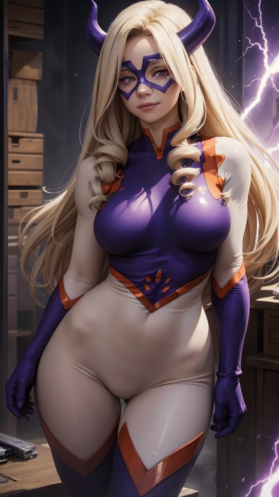 heroic pose, Realistic 1.2, Mount Lady, ((cowboy shot)), athletic body, Beautiful face, perfect, white skin, Standing, modeling, looking at the viewer, purple eyes, big breasts, blonde hair, long hair, bodysuit, purple swimsuit, (Bodys:1), white sleeves, Purple long gloves, high leg necklace, purple horns, Domino Mask, bodysuit, Pele firm, superhero, gloves, smile, [My Hero Academia], (Computer Generated Images) e VFX (Visual Effect) highlights the intricate anatomical features in a perfect way. sfx, complement visual art, The level of detail is inspiring, with intricate elements meticulously crafted, Volumetric effects add depth and dimension, and the photorealism is unmatched. The image is rendered in 8K resolution, ensuring super detailed visuals. Volumetric lightning adds a touch of magic, highlighting your beauty and aura in a supernatural way. A tecnologia High Dynamic Range (HDR) makes the cores stand out, adding richness to the overall composition. Finally, this art presents an unreal portrait.