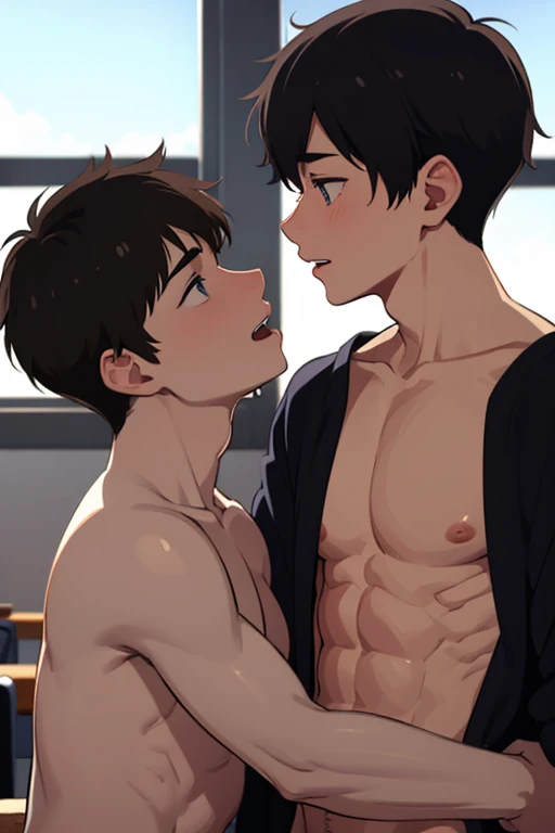 ((masterpiece, best quality, extremely detailed, highres, 8K, detailed face)), 1boy, 1man, adult man, , nsfw, undress, nipples, navel, blushing, genderswap(ftm), closed eye,(Hairless penis)(hair over 1 eye), (long bangs), (short hair), black hair, 独奏, good-looking guy, ikemen, handsome guy, cool boy, (thin but muscular), ass pov, bl, gay, yaoi, feeling love, 2boys, multiple boys, (anal sex:1.5),Hairless penis, (cowgirl-position:1.2), feelling love, feeling ecstasy, moaning, wavy mouth, open mouth, (drooling), sweating, How, (trembling), erection, spread legs, (hands between thighs):1.2, semen from Hairless penis, How in ass, ejaculating while penetrated, handsfree, interracial, projectile How, deep penetration, on bed, (dynamic angle)(Hairless penis)Filmed on a video camera