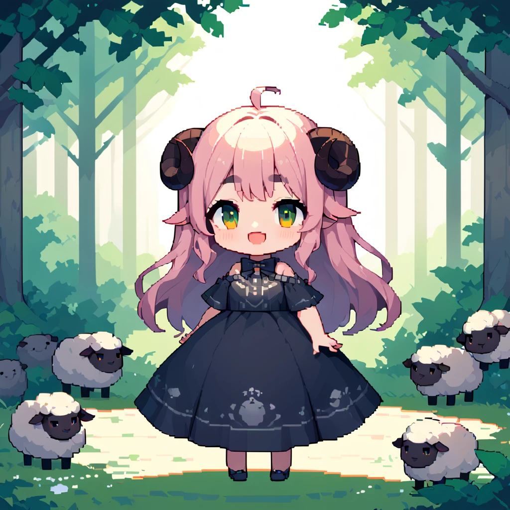 masterpieceBest Quality8k, Pixel Art, Pixel Art, Vivid, ((One girl)), Young woman, smile, cute, bend diagonally, Open your mouth, Fluffyの髪, Fluffy, Long Hair, Sheep-like hair, Pink Hair, eyebrow, 太いeyebrow, Black dress,  (Best Quality:1.0), In the dark forest, Black Sheepが側にいる:1.3, Black Sheep, Fluffyの羊 , Horror, Dark Skinの***:1.1, The sheep has horns:1.2, Dark Skin, devil