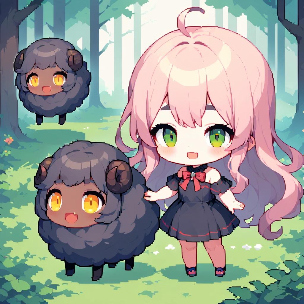 masterpieceBest Quality8k, Pixel Art, Pixel Art, Vivid, ((One girl)), Young woman, smile, cute, bend diagonally, Open your mouth, Fluffyの髪, Fluffy, Long Hair, Sheep-like hair, Pink Hair, eyebrow, 太いeyebrow, Black dress,  (Best Quality:1.0), In the dark forest, Black Sheepが側にいる:1.3, Black Sheep, Fluffyの羊 , Horror, Dark Skinの***:1.1, The sheep has horns:1.2, Dark Skin, devil