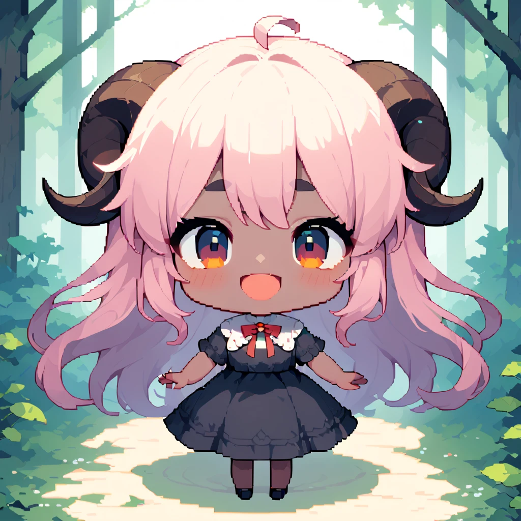 masterpieceBest Quality8k, Pixel Art, Pixel Art, Vivid, ((One girl)), Young woman, smile, cute, bend diagonally, Open your mouth, Fluffyの髪, Fluffy, Long Hair, Sheep-like hair, Pink Hair, eyebrow, 太いeyebrow, Black dress,  (Best Quality:1.0), In the dark forest, Black Sheepが側にいる:1.3, Black Sheep, Fluffyの羊 , Horror, Dark Skinの女の子:1.1, The sheep has horns:1.2, Dark Skin, devil