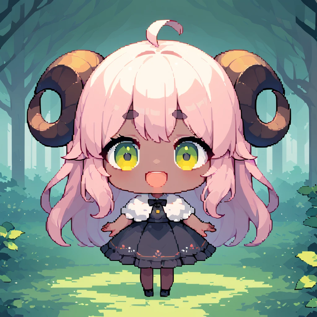 masterpieceBest Quality8k, Pixel Art, Pixel Art, Vivid, ((One girl)), Young woman, smile, cute, bend diagonally, Open your mouth, Fluffyの髪, Fluffy, Long Hair, Sheep-like hair, Pink Hair, eyebrow, 太いeyebrow, Black dress,  (Best Quality:1.0), In the dark forest, Black Sheepが側にいる:1.3, Black Sheep, Fluffyの羊 , Horror, Dark Skinの女の子:1.1, The sheep has horns:1.2, Dark Skin, devil