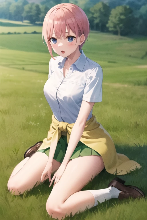 masterpiece, best quality, highres, aaichika, short hair, white shirt, collared shirt, short sleeves, clothes around waist, green skirt, pleated skirt, grass, field, wariza, :o,, socks, loafers,