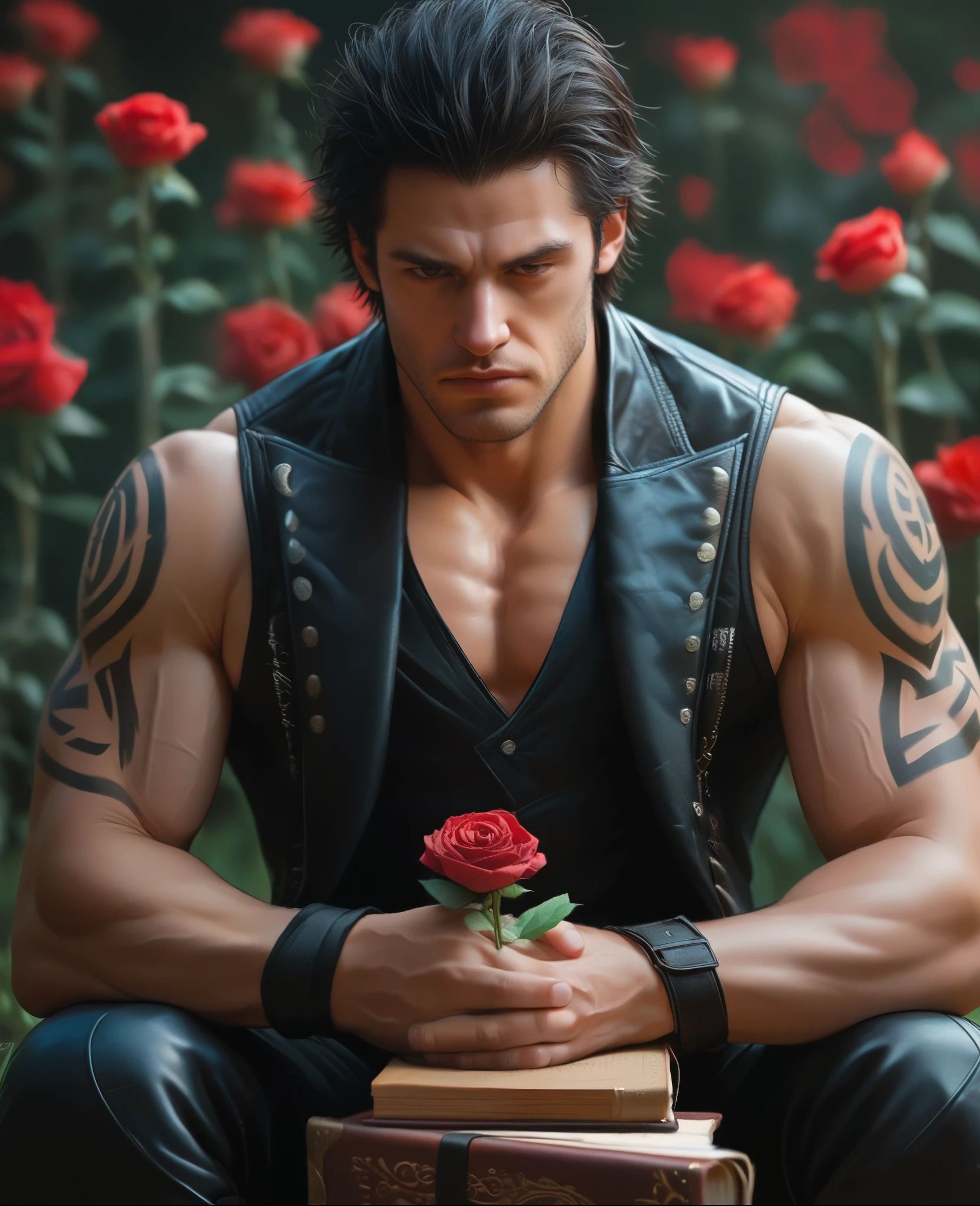 Digital artwork featuring devil may cry 5 a person man fitness muscle with short, dark, tousled hair, and light skin, kneeling amidst a field of dark red roses. The individual is dressed in a sleeveless black leather vest, revealing intricately detailed black tribal tattoos covering their arms. They are holding a brown, ornate book close to their face, with a somber expression. The background is filled with thorny branches and a soft, diffused light, creating a dramatic and melancholic atmosphere. The artist's signature, 'IG', is visible in the bottom right corner in a white, cursive font.