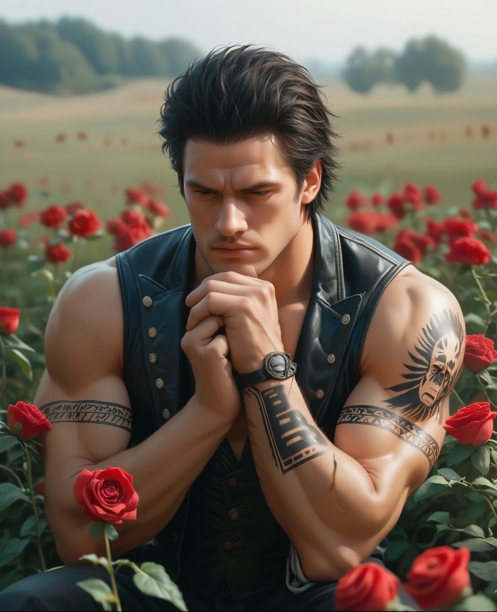 Digital artwork featuring devil may cry 5 a person man fitness muscle with short, dark, tousled hair, and light skin, kneeling amidst a field of dark red roses. The individual is dressed in a sleeveless black leather vest, revealing intricately detailed black tribal tattoos covering their arms. They are holding a brown, ornate book close to their face, with a somber expression. The background is filled with thorny branches and a soft, diffused light, creating a dramatic and melancholic atmosphere. The artist's signature, 'IG', is visible in the bottom right corner in a white, cursive font.