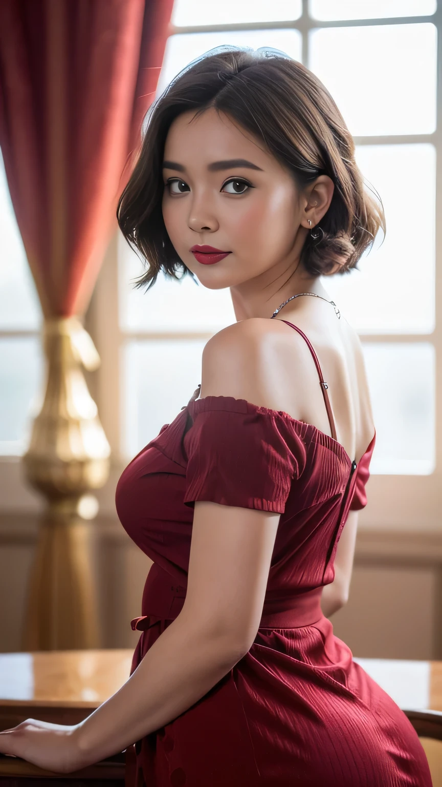 A young woman, , 40 Years Old, and Paris, Eiffel tower, (chubby girl), Red lipstick, sensual Lipstick, Sensational Make up,
1910s, charming, spirited, playful face, very curly, short hair, fashion 1900,
beauty in vintage dress, red velvet dress, necklace, royal hall background,
fractal patterned dress, centered in frame,
photographer Frank S. Bangs, studio lighting, viral, 1DX Mark III,
Canon EF 85mm f/1.4 L IS USM Lense, shutter speed 1/125,
aperture f/11.0, ISO 100, 8k, HDR, cinematography, photorealistic,
epic composition, cinematic,
depth of field, hyper-detailed,
photoshoot, super-resolution, 1880_dr3ss, 10_dr3ss, , 1900_dr3ss, 1905_dr3ss, 1910_dr3ss, Fortuny