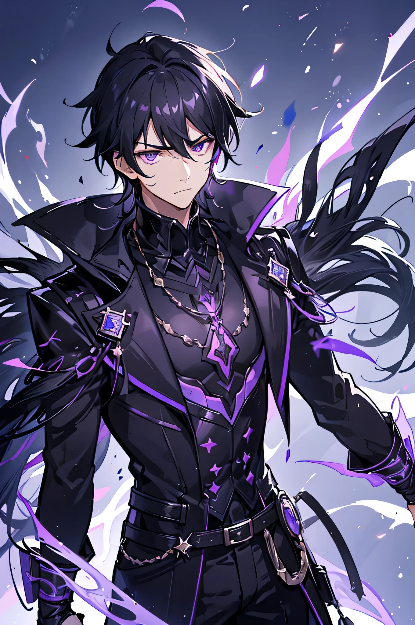 a young man with black hair, purple eyes, wears a black coat and uses a technological mask in the mouth area, He has a serious but sad and tired look, he has tanned skin, almost dark, he has two swords, one made of pure black energy, and another made of a dark metal with gaps that emit a purple light