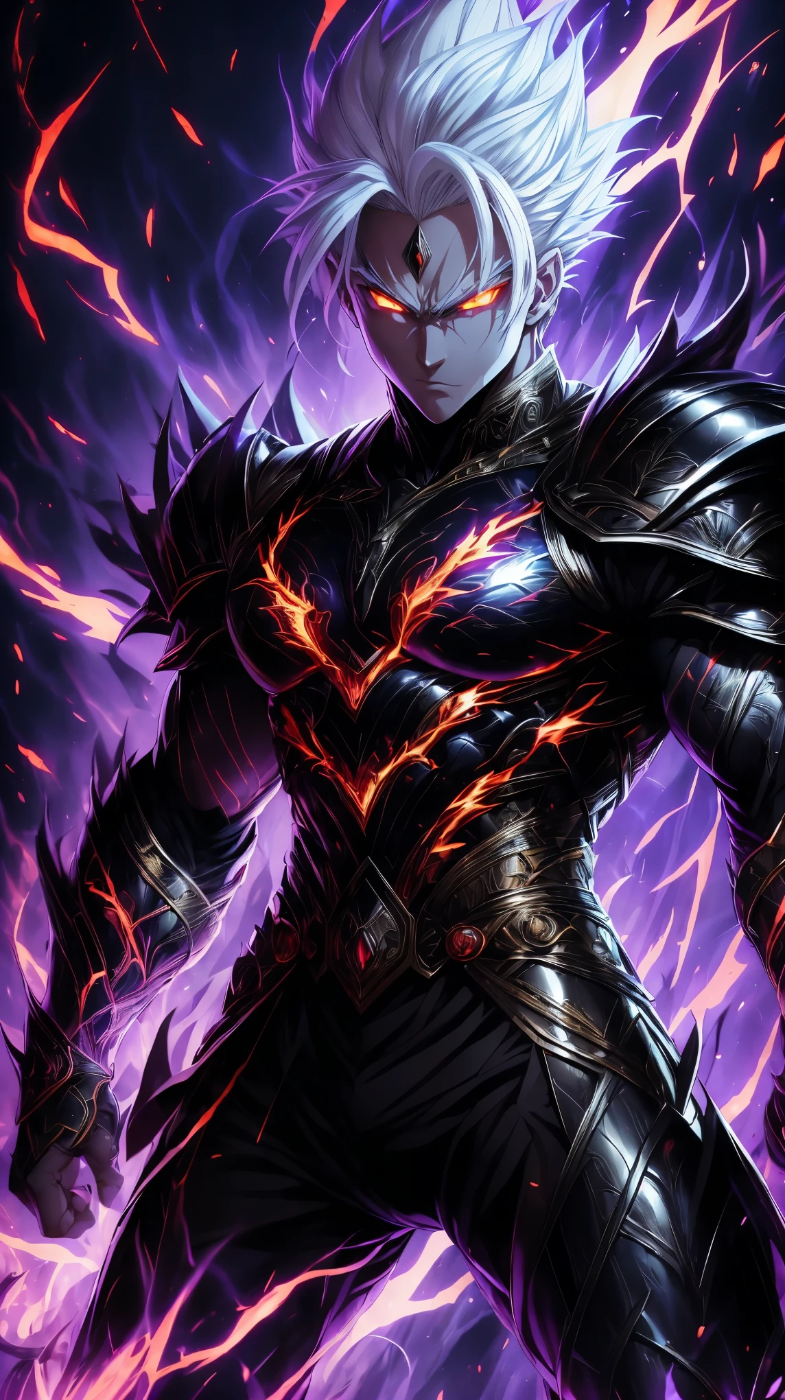 "A vision of strength and power, the young warrior with white hair commands attention with his handsome face and piercing, fiery eyes. His full body armor, inspired by dragon scales, shimmers with the intensity of hell fire and crackles with purple black lightning, a true embodiment of his fierce spirit."