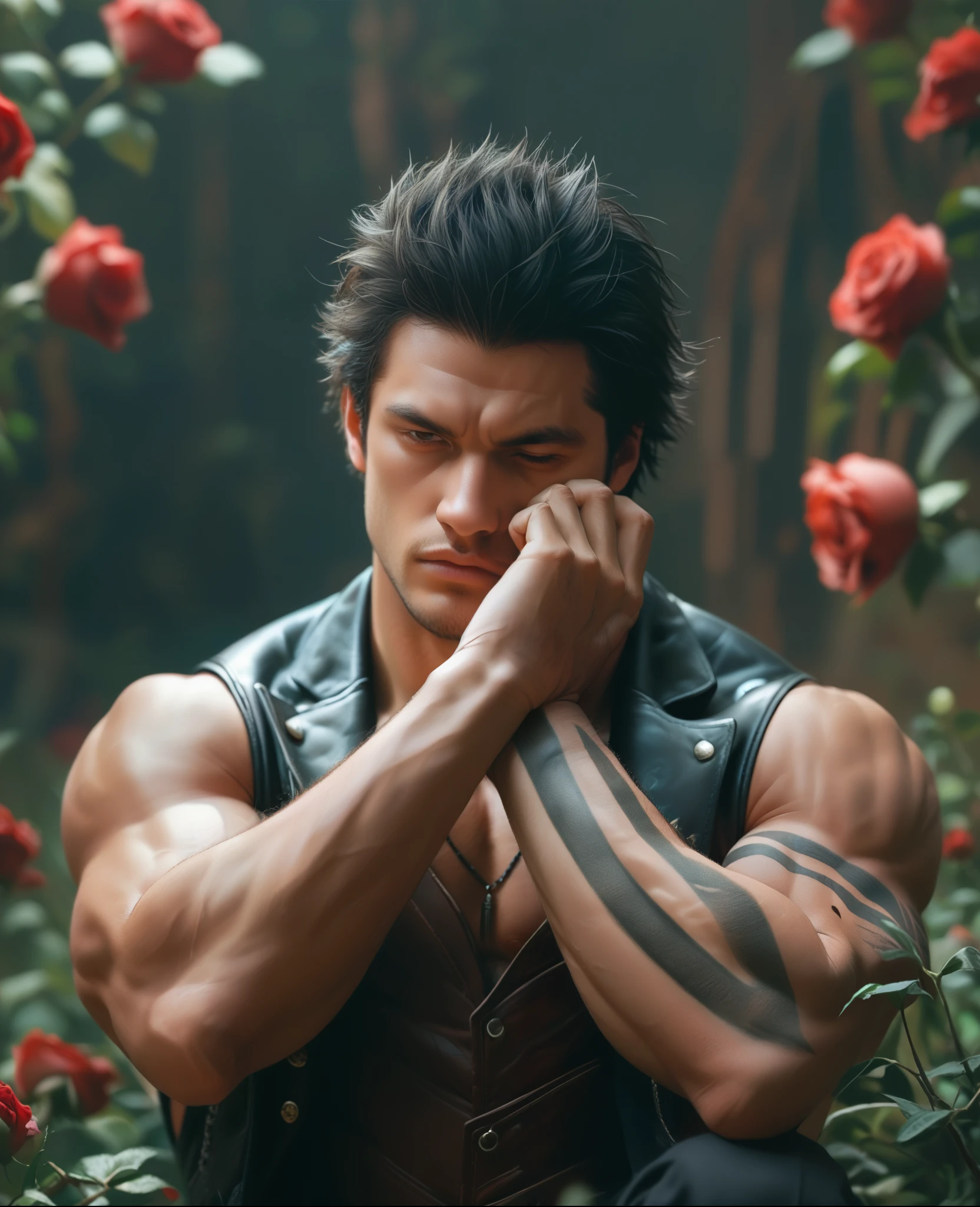 Digital artwork featuring devil may cry 5 a person man fitness muscle with short, dark, tousled hair, and light skin, kneeling amidst a field of dark red roses. The individual is dressed in a sleeveless black leather vest, revealing intricately detailed black tribal tattoos covering their arms. They are holding a brown, ornate book close to their face, with a somber expression. The background is filled with thorny branches and a soft, diffused light, creating a dramatic and melancholic atmosphere. The artist's signature, 'IG', is visible in the bottom right corner in a white, cursive font.