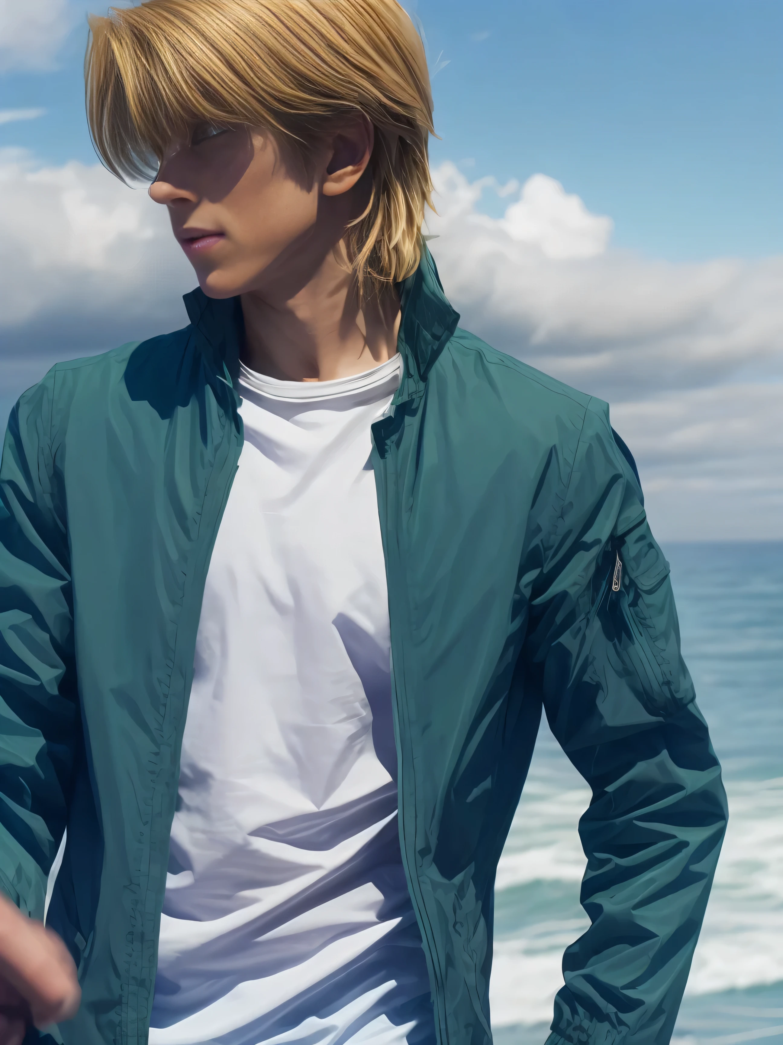 blonde hair, brown hair, green jacket, green jacket, white shirt, official style, 1boy, male focus, solo, shirt, brown eyes, day, outdoors, jacket, cloud, sky, hair between eyes, open clothes, water, blue sky, fringe, :d, ocean, rock, open jacket