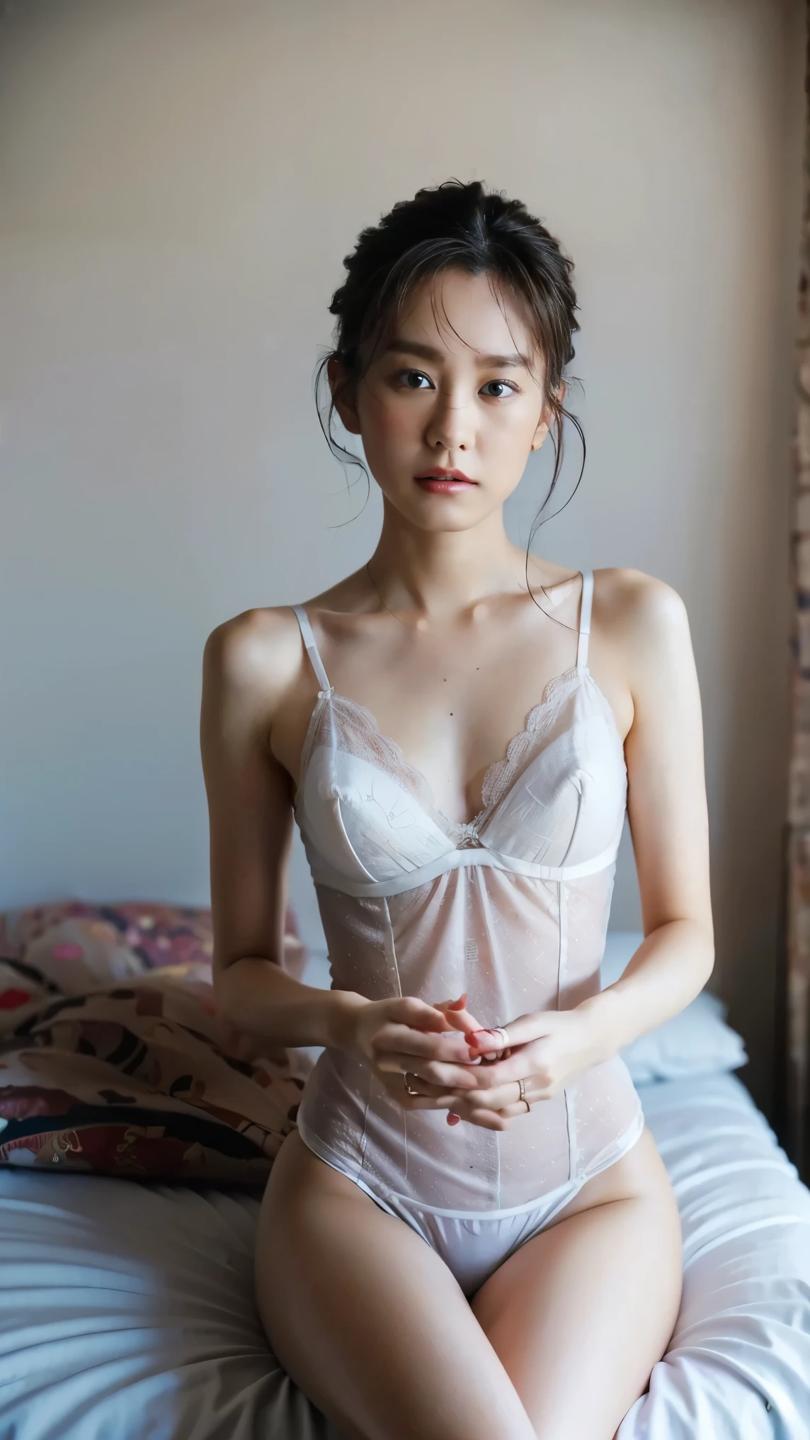 (8k、RAW Photos、Best Quality、masterpiece:1.2)、(Realistic、Realistic)、1 person、((View from the front、Looking into the camera、bedroom、lingerie、In bed、Dim lighting、Teary-eyed))、cute