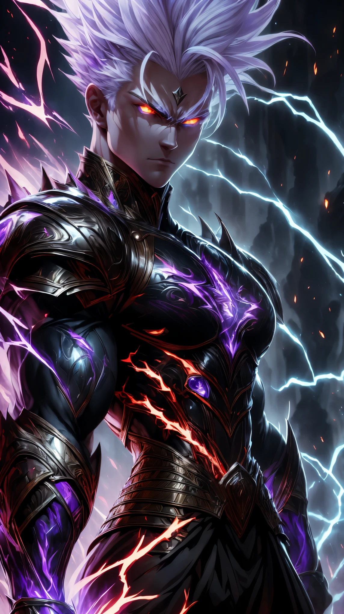 "A vision of strength and power, the young warrior with white hair commands attention with his handsome face and piercing, fiery eyes. His full body armor, inspired by dragon scales, shimmers with the intensity of hell fire and crackles with purple black lightning, a true embodiment of his fierce spirit."