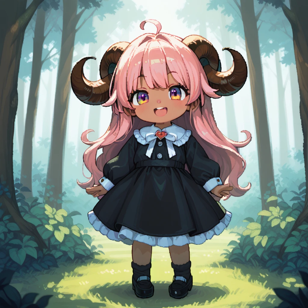 Hzk, masterpiece, Best Quality, 8k, Pixel Art, Pixel Art, Vivid, ((One girl)), Young woman, smile, cute, bend diagonally, Open your mouth, Fluffyの髪, Fluffy, Long Hair, Sheep-like hair, Pink Hair, eyebrow, 太いeyebrow, Black dress, (Best Quality:1.0), In the dark forest, Black Sheepが側にいる:1.3, Black Sheep, Fluffyの羊 , Horror, Dark Skinの***:1.1, The sheep has horns:1.2, Dark Skin, devil