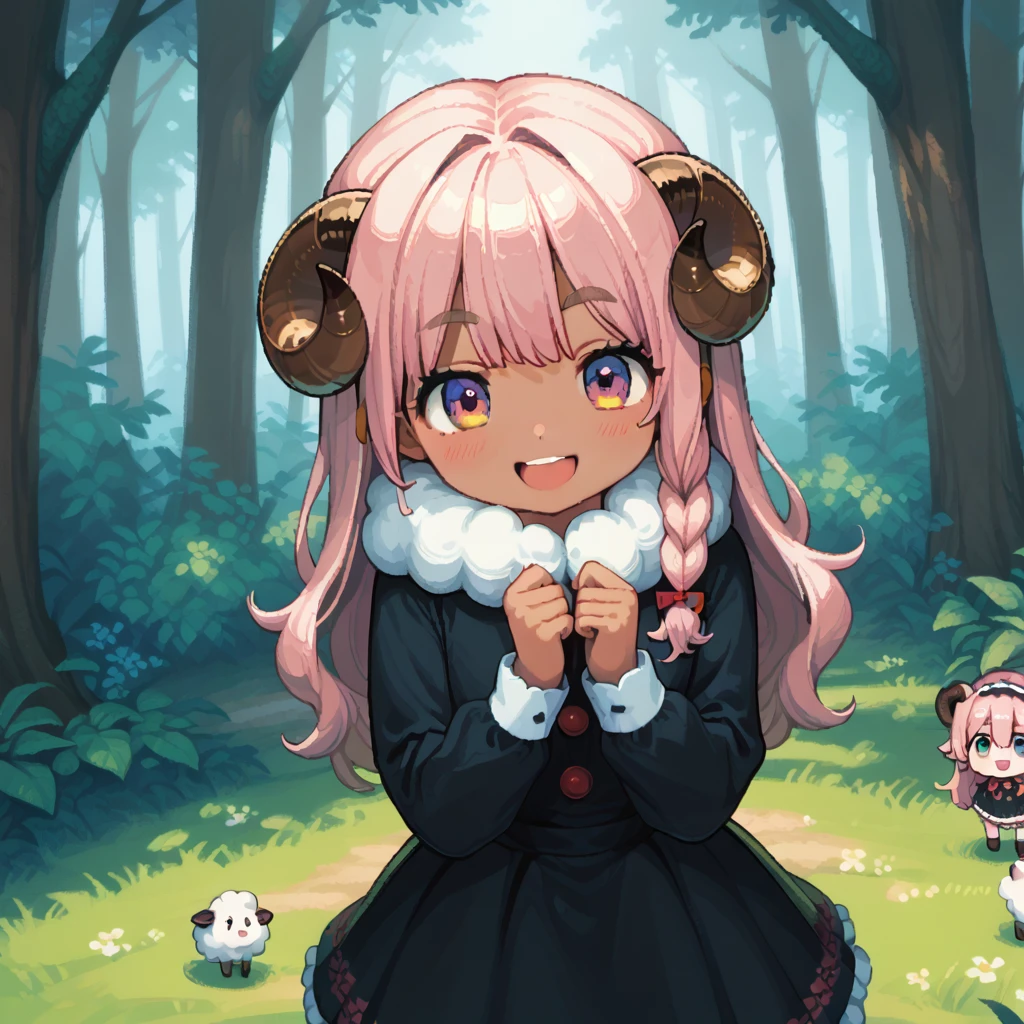 Hzk, masterpiece, Best Quality, 8k, Pixel Art, Pixel Art, Vivid, ((One girl)), Young woman, smile, cute, bend diagonally, Open your mouth, Fluffyの髪, Fluffy, Long Hair, Sheep-like hair, Pink Hair, eyebrow, 太いeyebrow, Black dress, (Best Quality:1.0), In the dark forest, Black Sheepが側にいる:1.3, Black Sheep, Fluffyの羊 , Horror, Dark Skinの***:1.1, The sheep has horns:1.2, Dark Skin, devil