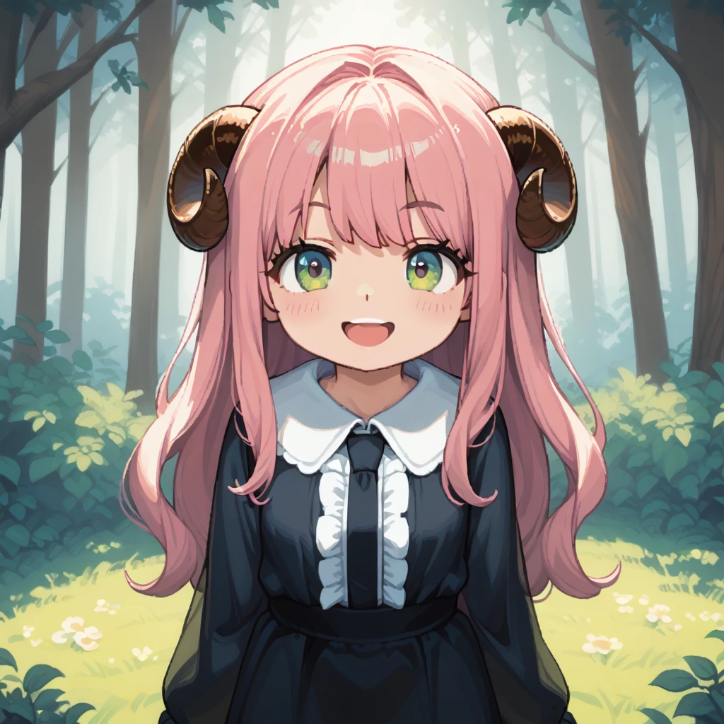 Hzk, masterpiece, Best Quality, 8k, Pixel Art, Pixel Art, Vivid, ((One girl)), Young woman, Wicked Smile, cute, bend diagonally, Open your mouth, Fluffyの髪, Fluffy, Long Hair, Sheep-like hair, Pink Hair, eyebrow, 太いeyebrow, Black dress, (Best Quality:1.0), In the dark forest, Black Sheepが側にいる:1.3, Black Sheep, Fluffyの羊 , Horror, Dark Skinの***:1.1, The sheep has horns:1.2, Dark Skin, devil