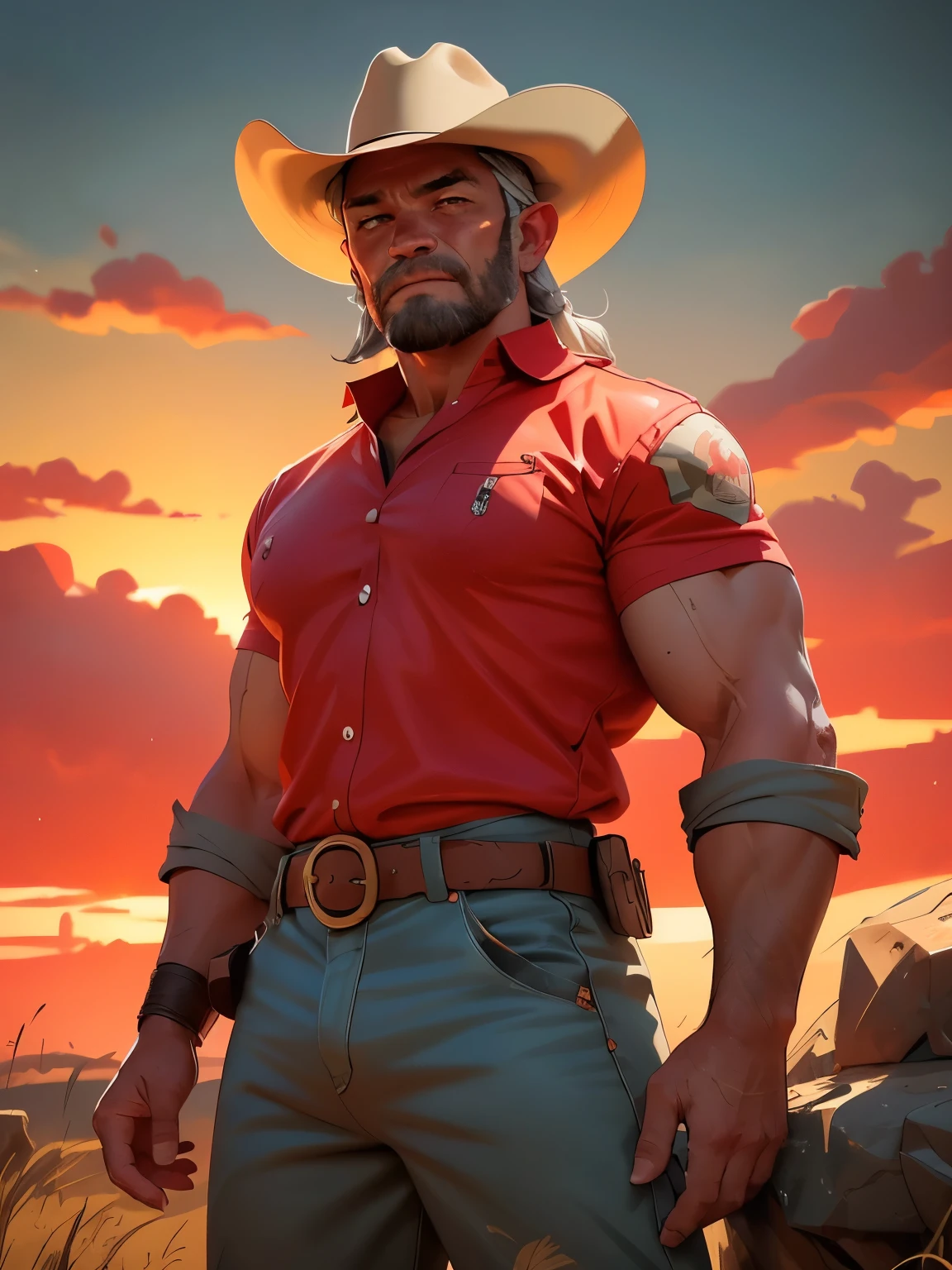 A strong man, 35yo, gray-haired cowboy, cowboy hat, country-style, setting in a wild, open-air landscape of the Wild West, sun setting on the horizon bringing a red hue to the sky, comic book style, drawings by Frank Miller