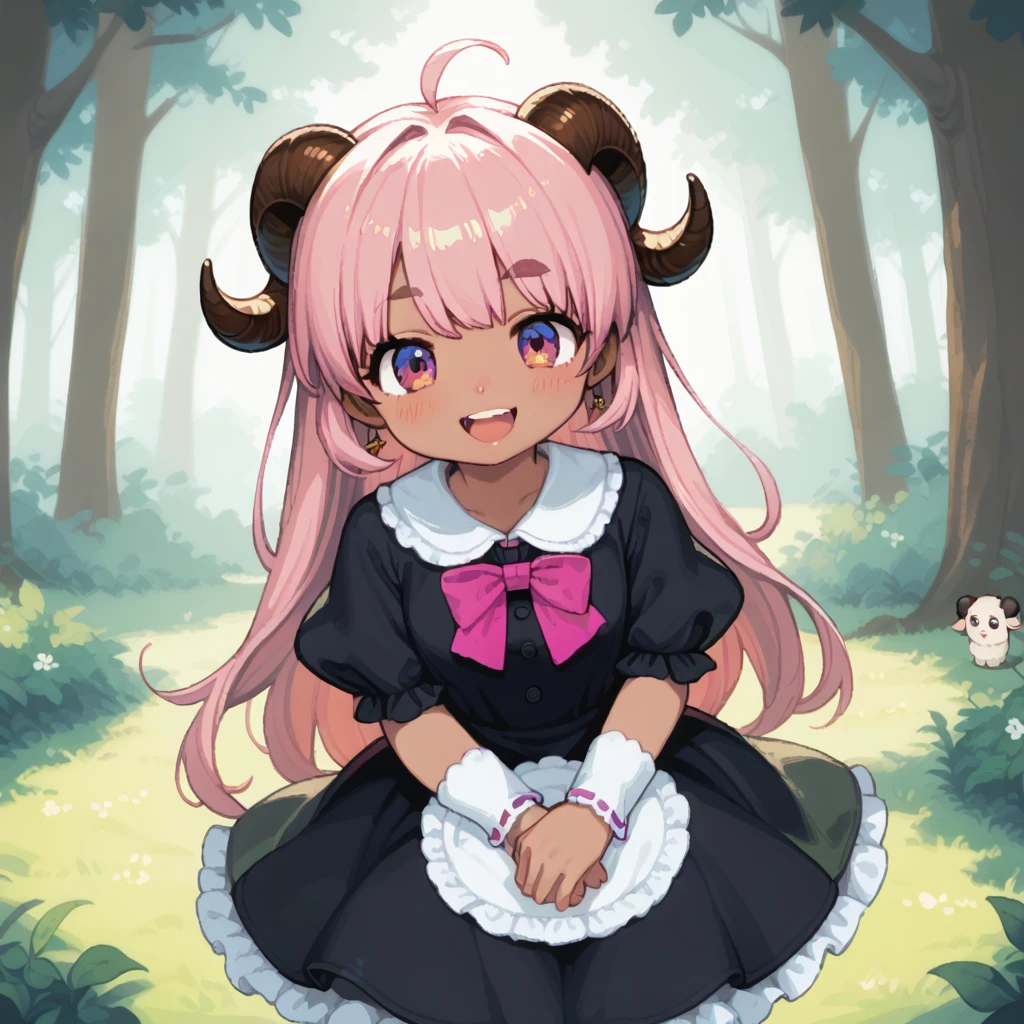 Hzk, masterpiece, Best Quality, 8k, Pixel Art, Pixel Art, Vivid, ((One girl)), Young woman, Wicked Smile, cute, bend diagonally, Open your mouth, Fluffyの髪, Fluffy, Long Hair, Sheep-like hair, Pink Hair, eyebrow, 太いeyebrow, Black dress, (Best Quality:1.0), In the dark forest, (Black Sheepが側にいる:1.3, Black Sheep:1.2), Fluffyの羊 , (Horror, Dark Skinの***:1.1, The sheep has horns:1.2, Dark Skin, devil)