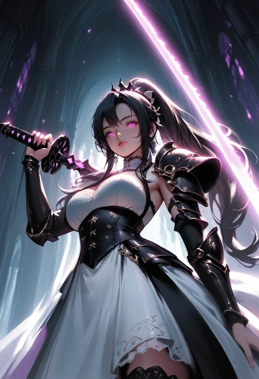 Maid outfit, sword, serious face, girl, cool, long black hair
